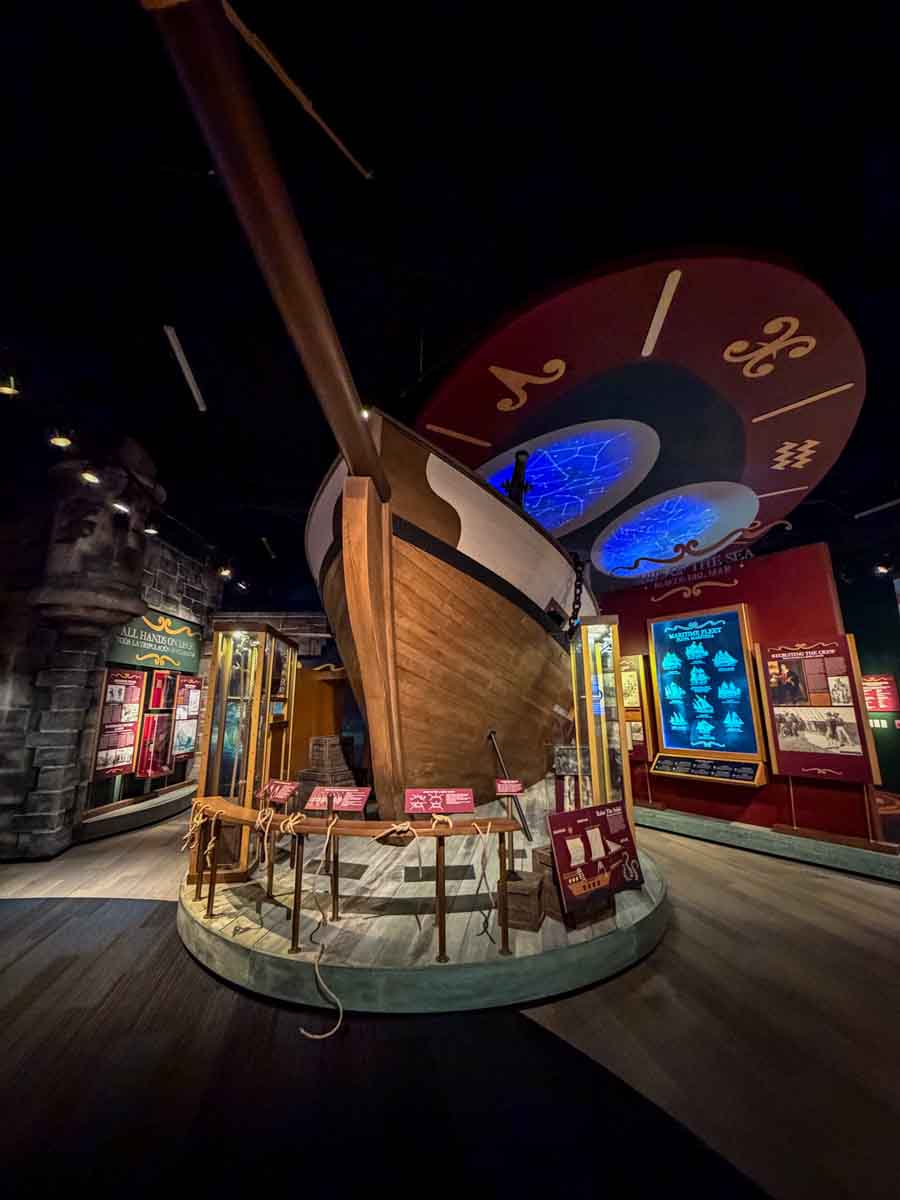 A wooden ship bow on display in the Tampa Bay History Center