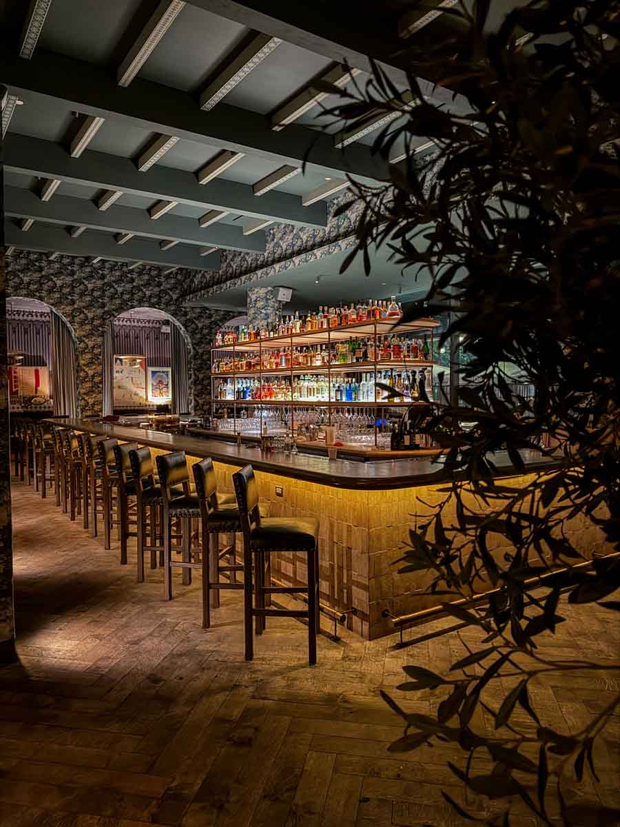 An empty bar in a dimly lit room with a dozen chairs lined up along the bar. Behind the bar is glass shelving full of bottles